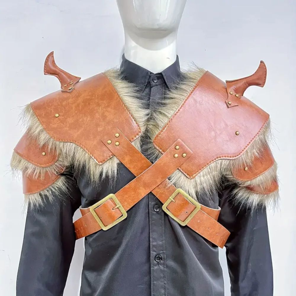 Pair Renaissance Medieval Viking PU Leather Fur Edge Shoulder Armor Cosplay LARP